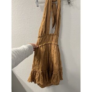 AERIE Criss Cross Halter Neck A-Line Floral Embroidered Cognac Brown Dress Sze S